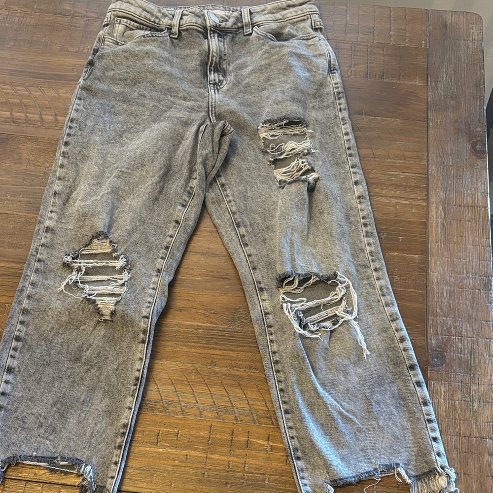 Juniors High Rise Straight Leg Distressed Jeans